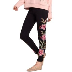 JW Johnny Was Libbi Black Floral Embroidered Cotton Leggings Size M